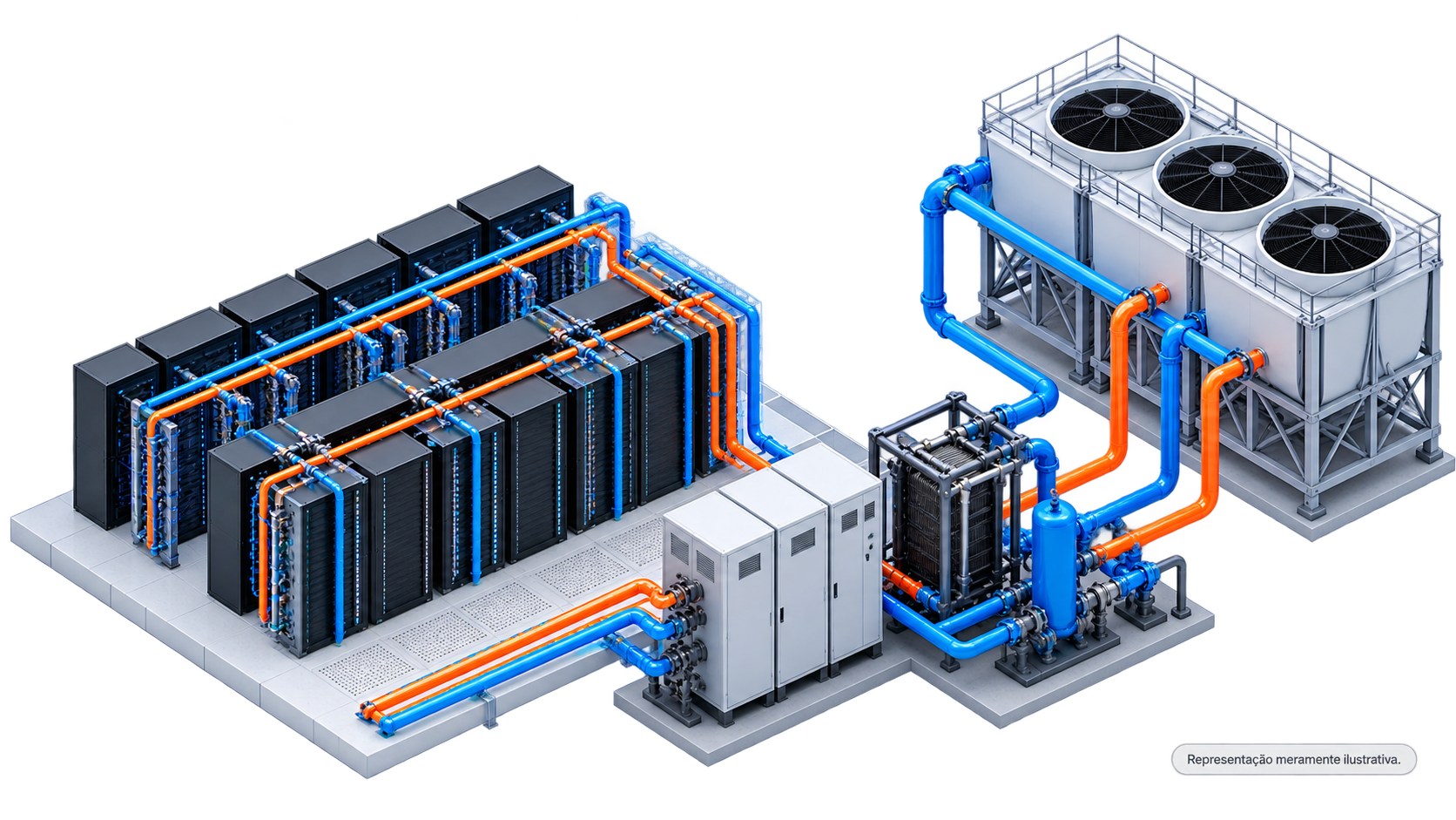 Diagrama ilustrativo de um sistema de Liquid Cooling conectado a racks de Data Center.