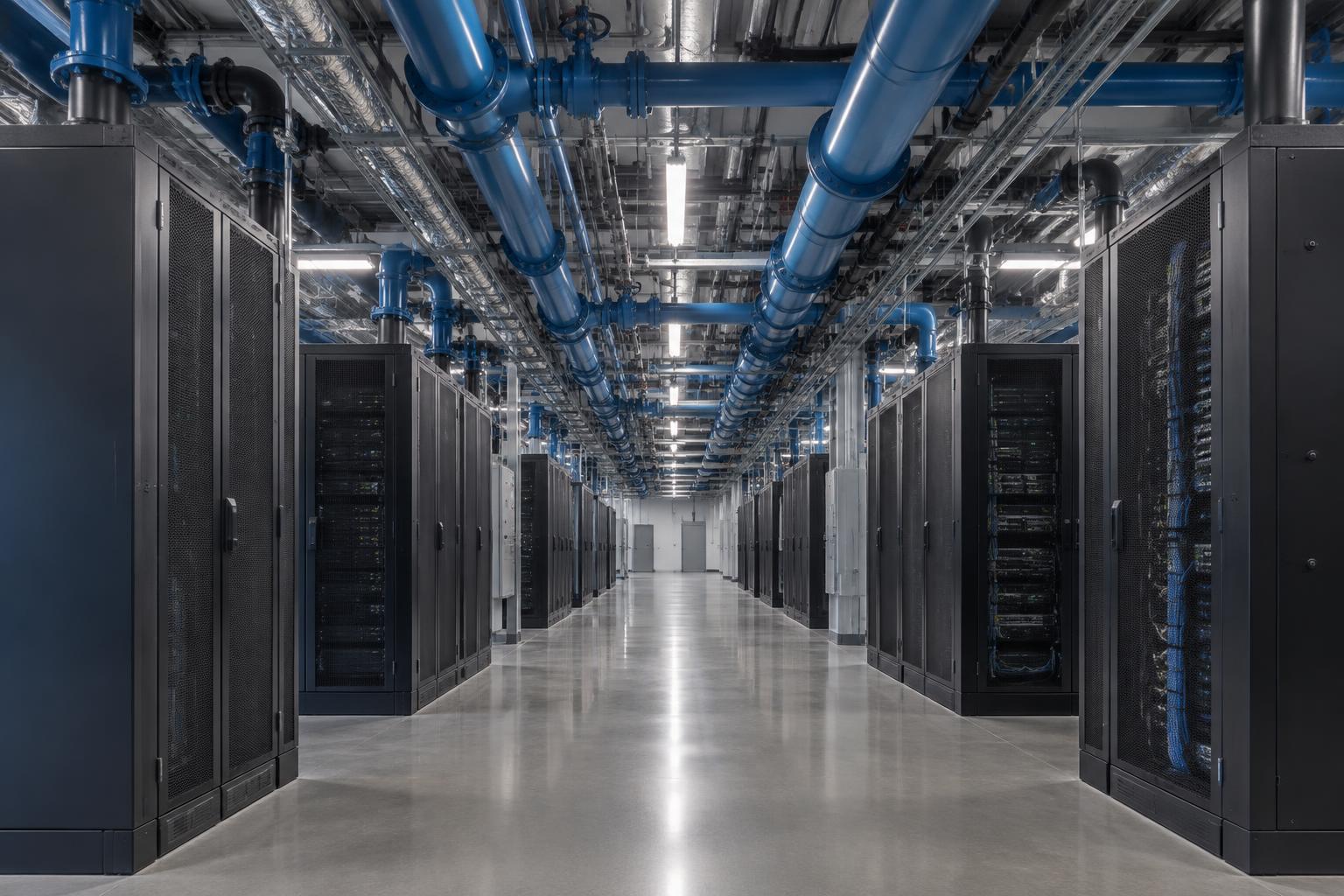 Corredor técnico de Data Center com racks, tubulações de resfriamento e instalações integradas.