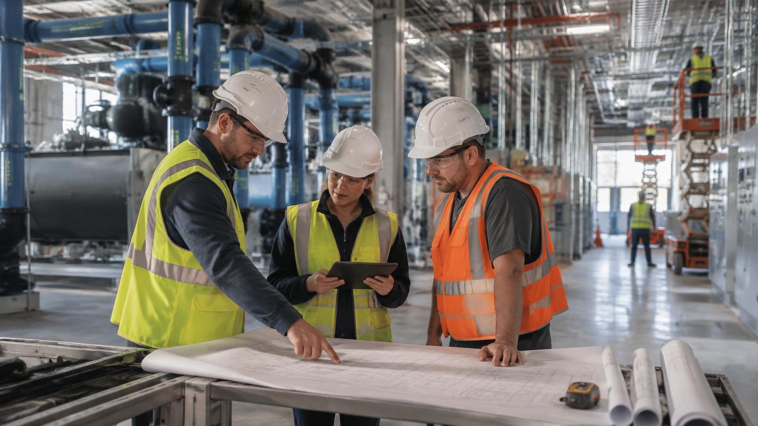 Profissionais de engenharia e gestão coordenando atividades em uma obra de Data Center.